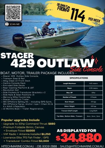Carousel 3 of Stacer Aluminium 429 Outlaw Side Console + Mercury 50HP Fourstroke + Stacer Aluminium Trailer - Boat Sales